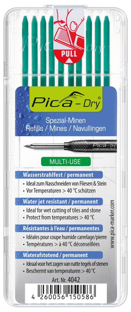 PICA Dry Minen, 10 Stück, wasserstrahlfest, Grün, resistent gegen Wasser, insbesondere zum Nass-Schneiden von Fliesen und Stein