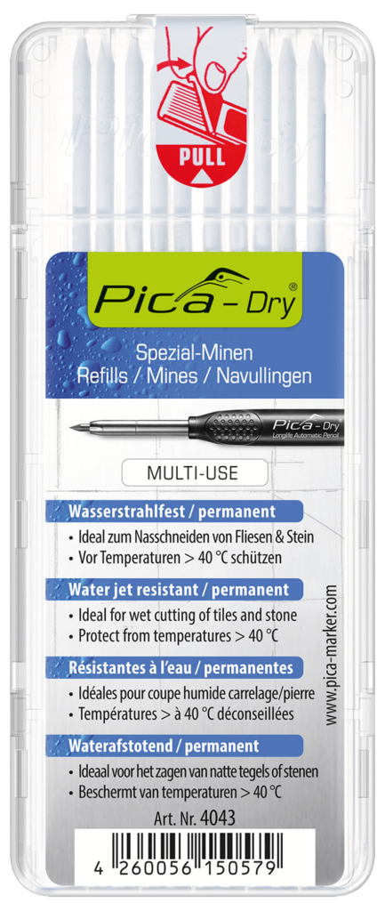 Minenset Pica DRY Pen weiss, 10 Stück Minen, wasserstrahlfest, resistend gegen Wasser, ideal zum Nass-Schneiden von Fliesen oder Stein