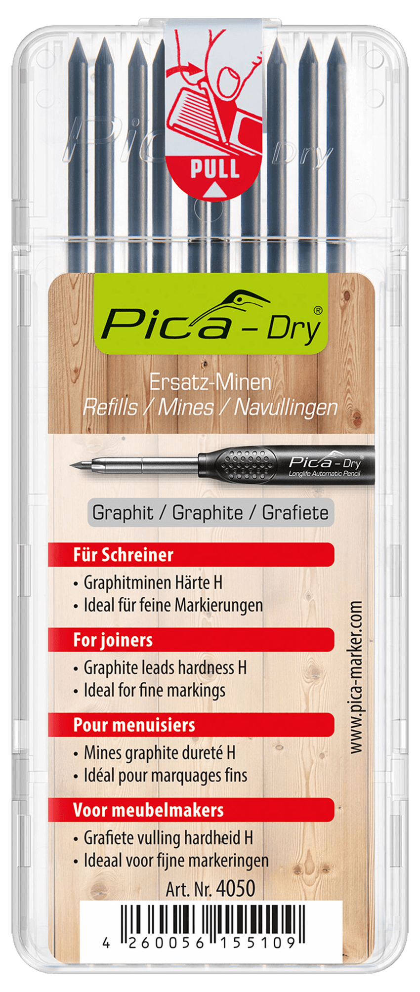 Pica Dry Schreiner-Minen 10 Stück, Härte H, Grafit, für präzise Markierungen, ideal auf Holz, Ersatzminen