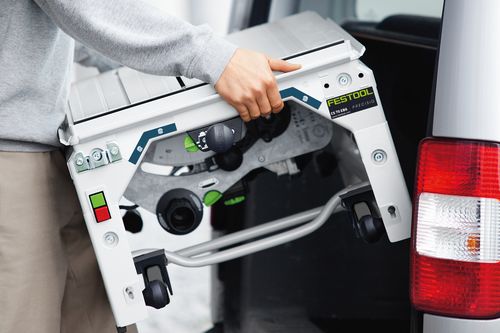 Festool Tischzugsäge CS 70 EBG PRECISIO mit Winkelanschlag, Absaug-Set, Splitterschutz, Zubehör-Garage, Abstützung mit Rolle