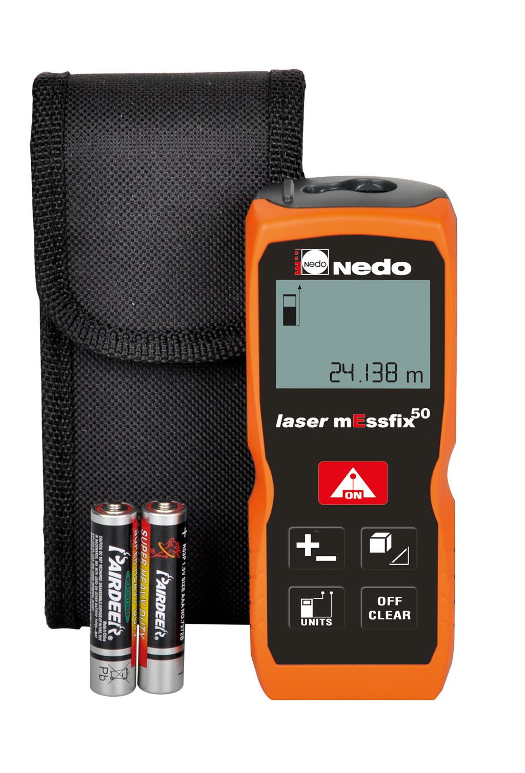 Nedo laser mEssfix 50, bis 50 Meter, Messgenaugikeit 2mm, IP54 geschützt, Messfunktionen, Messen ab Vorder- oder Hinterkante, klein, handlich, robust