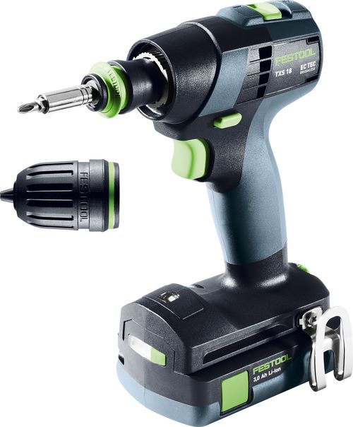 Festool Akku-Bohrschrauber TXS 18 3,0-Plus mit CENTROTEC-Werkzeugfutter, Magnet-Bithalter, Schnellspannbohrfutter