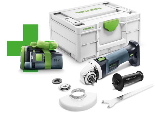 Festool Akku-Winkelschleifer AGC 18-125 EB-Basic mit GRATIS 5,0 Akku, mit gekapseltem Motor, stufenloser Drehzahl, EC-bürstenlosem Motor, Schutzhaube, VIBRASTOP Griff, Schnellspannmutter, Systainer SYS3 M 187