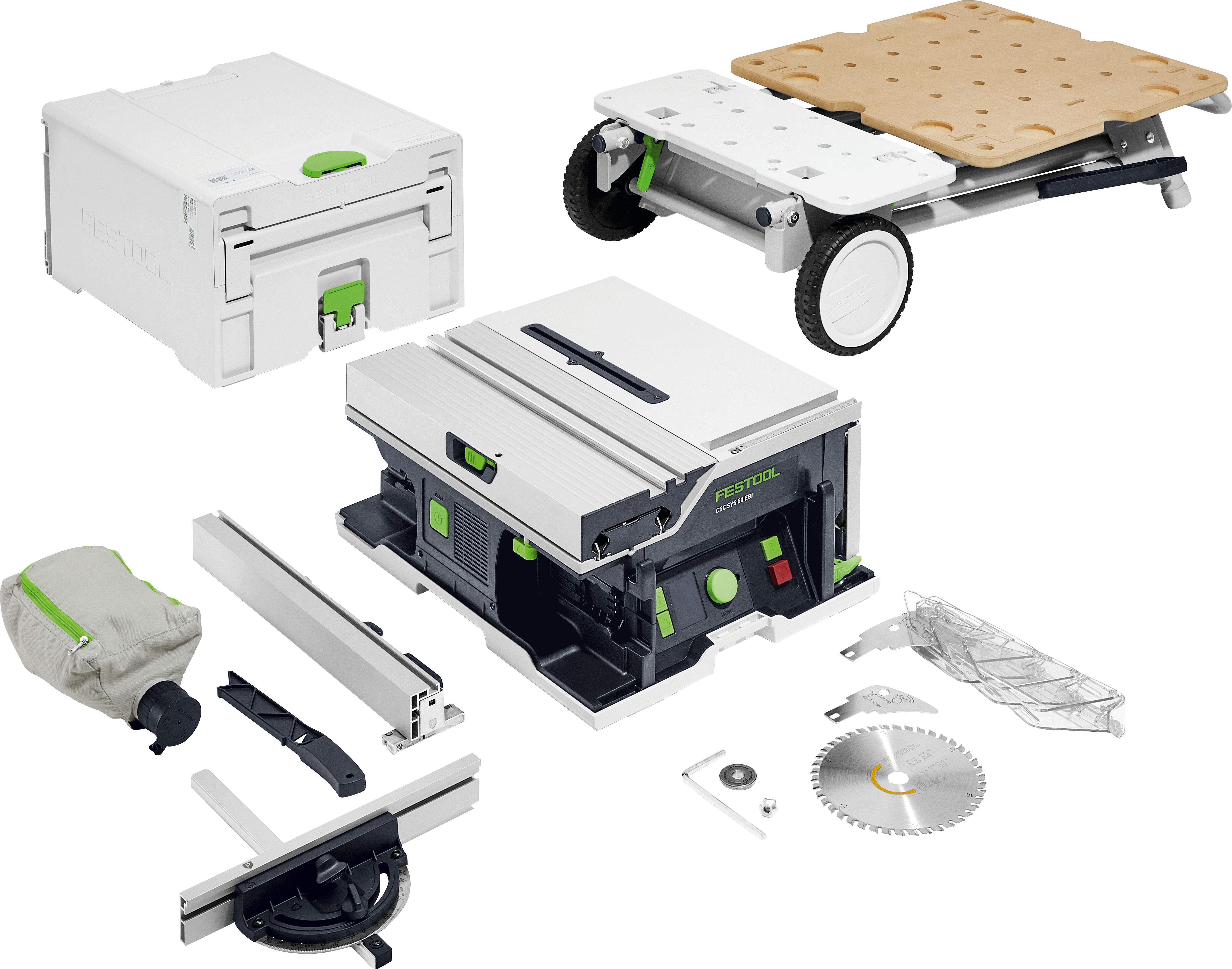 Festool Akku-Tischkreissäge CSC SYS 50 EBI-Basic-Set mit Parallelanschlag, Winkel-Rastanschlag, Untergestell