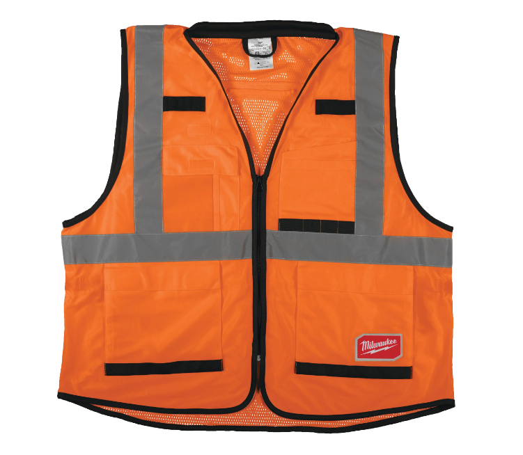 Premium Warnschutzweste orange mit 15 Taschen, Rückentasche für Laptop, Rückenöffnung für Abstuzsicherung, einstellbar