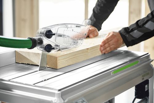 Festool Tischzugsäge CS 70 EBG PRECISIO mit Winkelanschlag, Absaug-Set, Splitterschutz, Zubehör-Garage, Abstützung mit Rolle